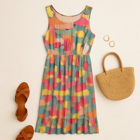 Black Rainn Dress Abstract Watercolor Pleated Boho Artsy Resort Summer Medium - Picture 2 of 10